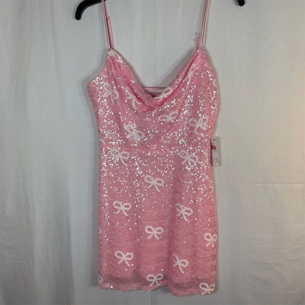 B Darlin Mini Dress Women's Size M 7/8 Pink Sequin Bow Print Cowl Neck Party